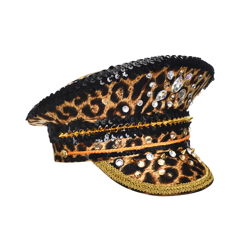 Sequin Leopard Burning Man Hat Handmade Rhinestone Canvas Visor Cap for Festivals, Raves & Stage Performances
