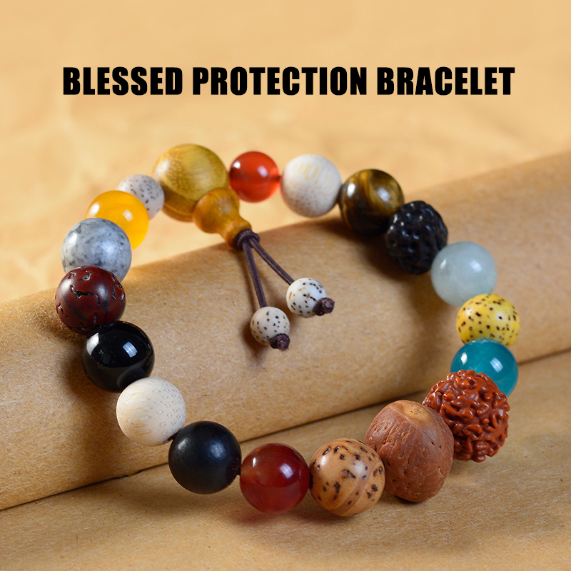 18-Bead Healing Crystal Bracelet Colorful Vintage Lucky Charm for Meditation,Famous Protection Charm from Lingyin Temple, Anxiety Relief & Holiday Gift for Couples