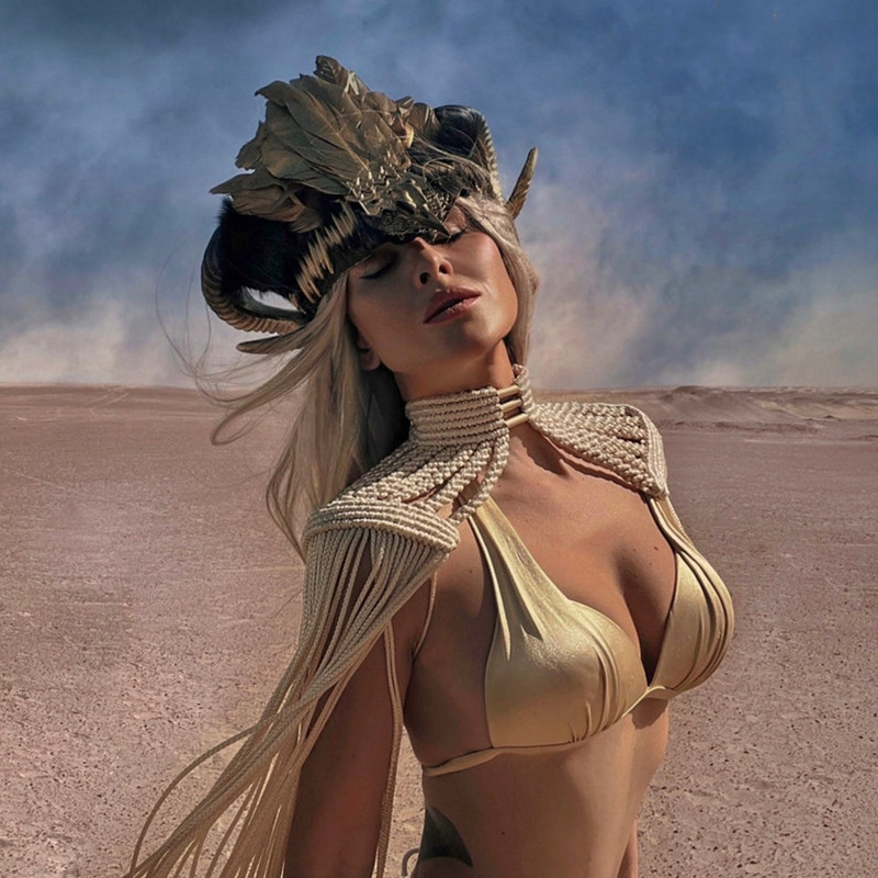 Handwoven Fringe Gold Skirt Set for Burning Man Boho Macrame Two-Piece Festival Outfit, Artisan Rope Knit Long Tassel Dress (Adjustable One Size) for Her