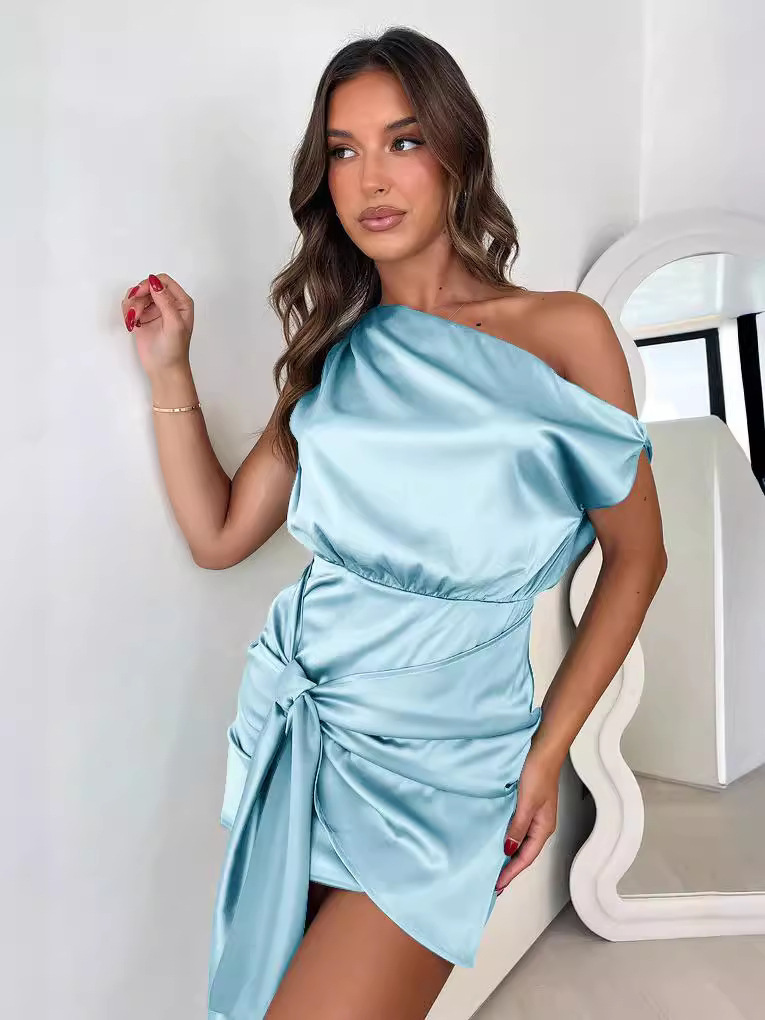 Asymmetrical Neck Ruched Mini Dress Elegant Off Shoulder Summer Dress with Tie Detail