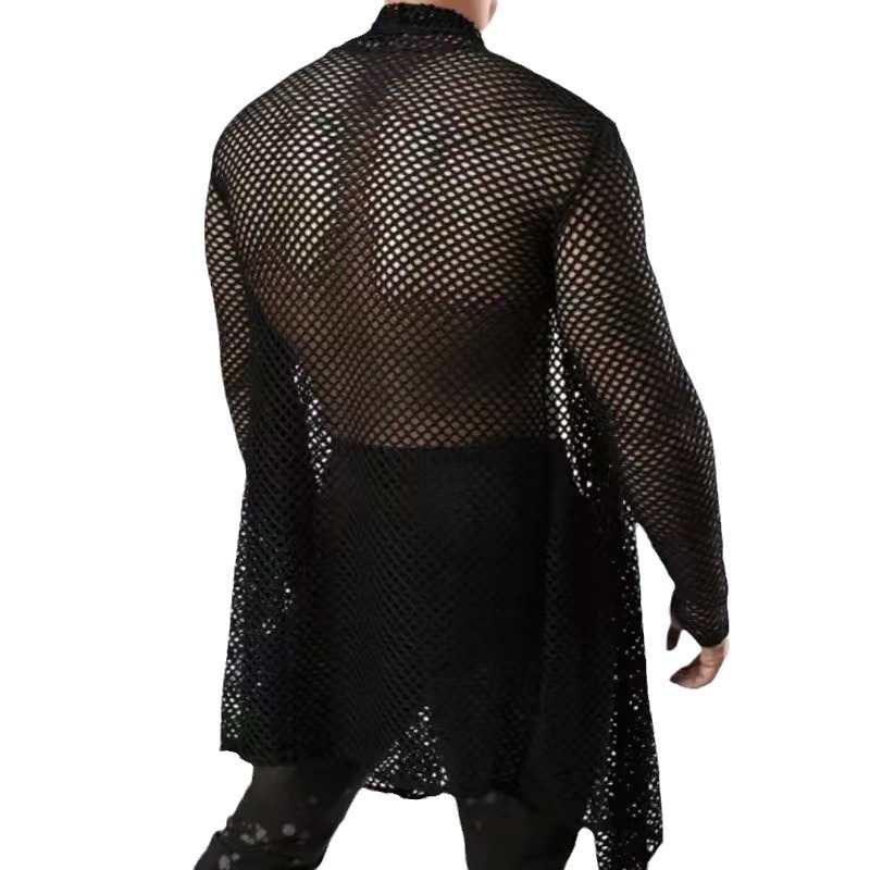 Men’s Sexy Sheer Mesh Cardigan Long Sleeve Hollow Out See-Through Shirt Stand Collar Lightweight Casual Top Sizes S-3XL