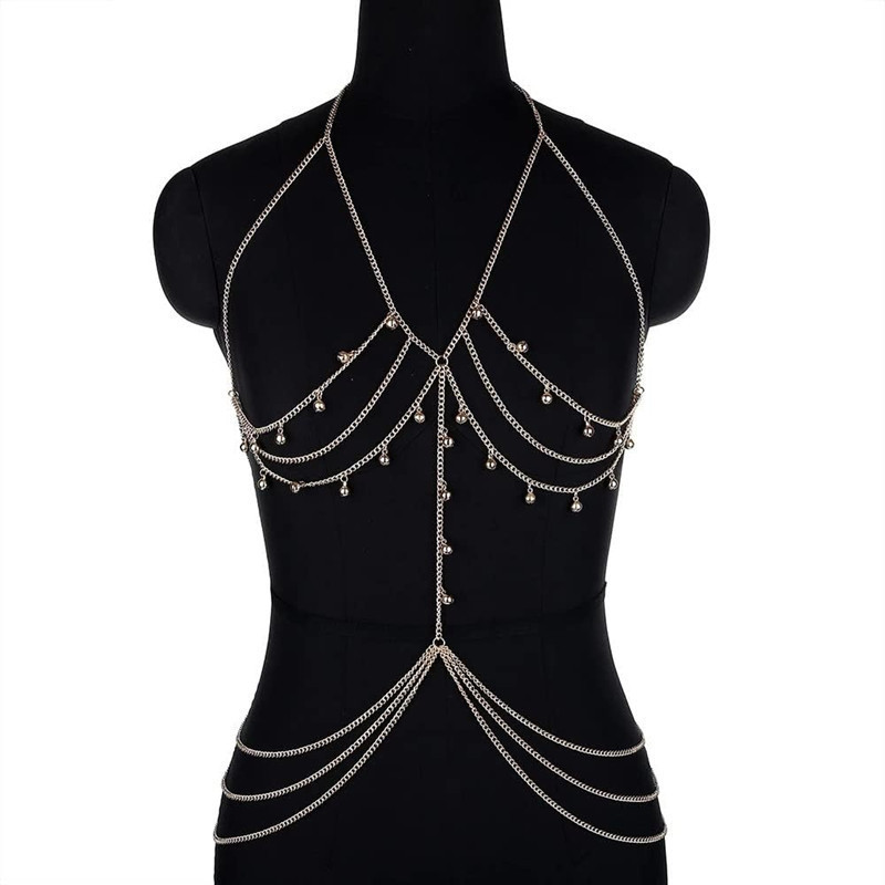 Gold Bell Layered Body Chain Multi-Strand Alloy & Pearl Harness Jewelry for Festival, Rave, Beach, EDC, Burning Man