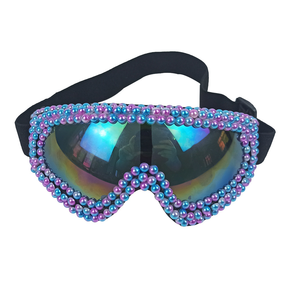 Pearl & Rhinestone Goggles Burning Man Festival Eyewear, Rave Accessories, Iridescent Lens Steampunk Glasses