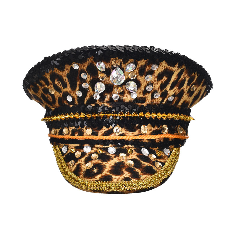 Sequin Leopard Burning Man Hat Handmade Rhinestone Canvas Visor Cap for Festivals, Raves & Stage Performances
