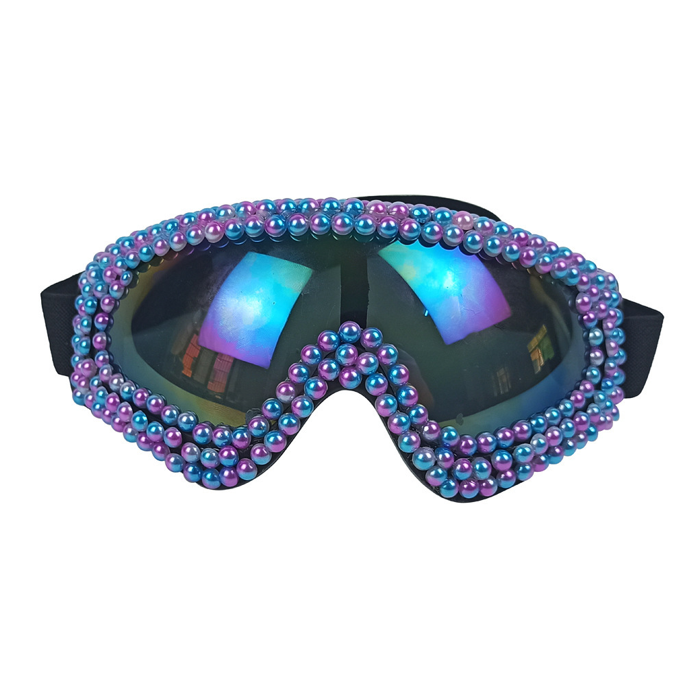 Pearl & Rhinestone Goggles Burning Man Festival Eyewear, Rave Accessories, Iridescent Lens Steampunk Glasses