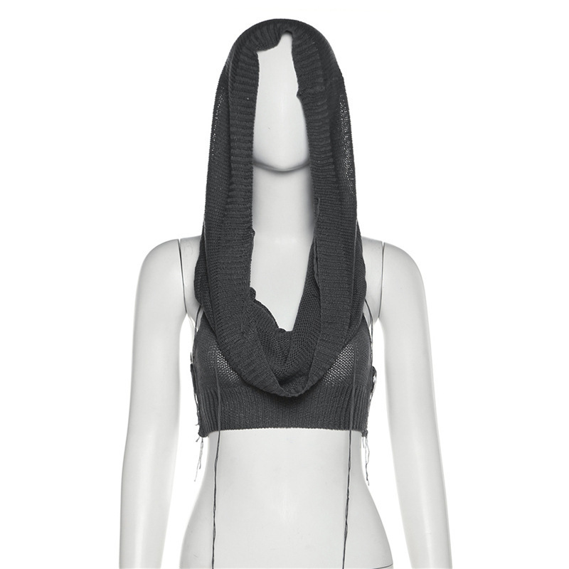 Sleeveless Hooded Knit Crop Top Burning Man Festival Outfit, Stretch Ribbed Tank Sweater for Women (S–L,Gray/Black/White)