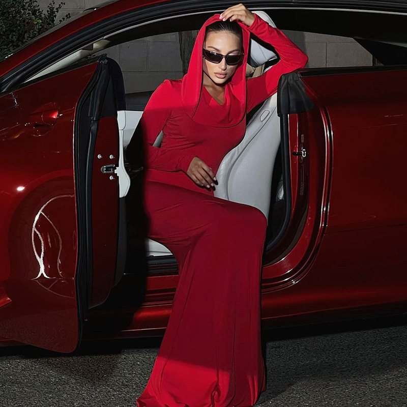 Hooded Maxi Dress for Women Elegant Solid Color Bodycon Long Sleeve Gown, Slim Fit Flowy Skirt (Red / Blue / Black, S–L)