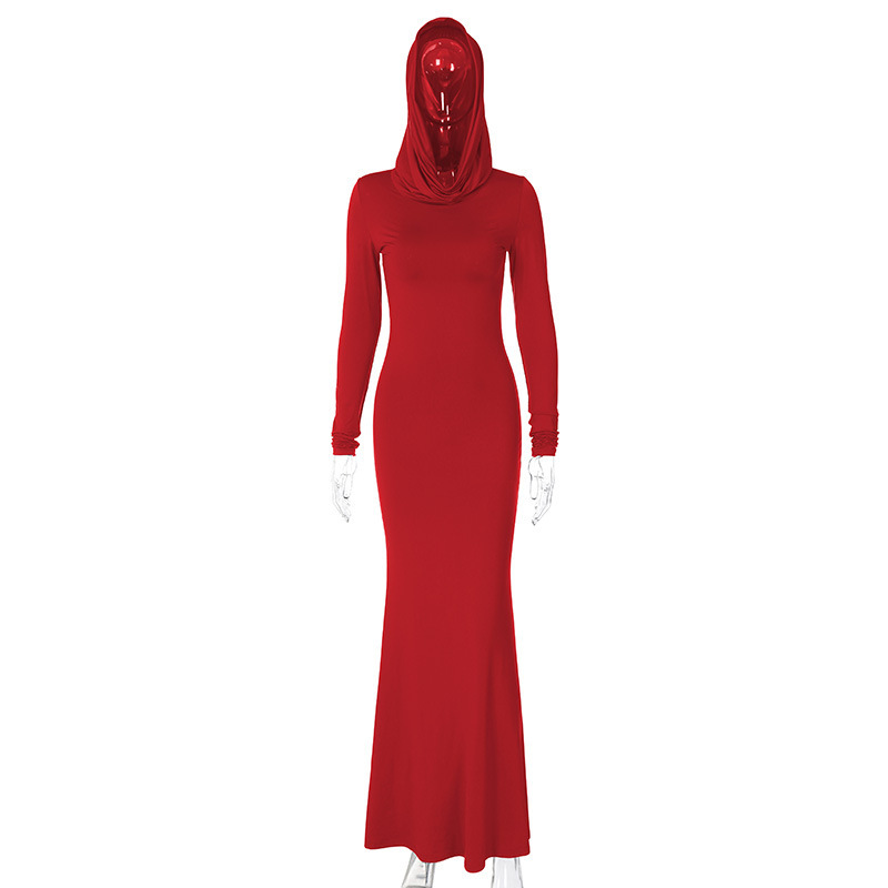 Hooded Maxi Dress for Women Elegant Solid Color Bodycon Long Sleeve Gown, Slim Fit Flowy Skirt (Red / Blue / Black, S–L)