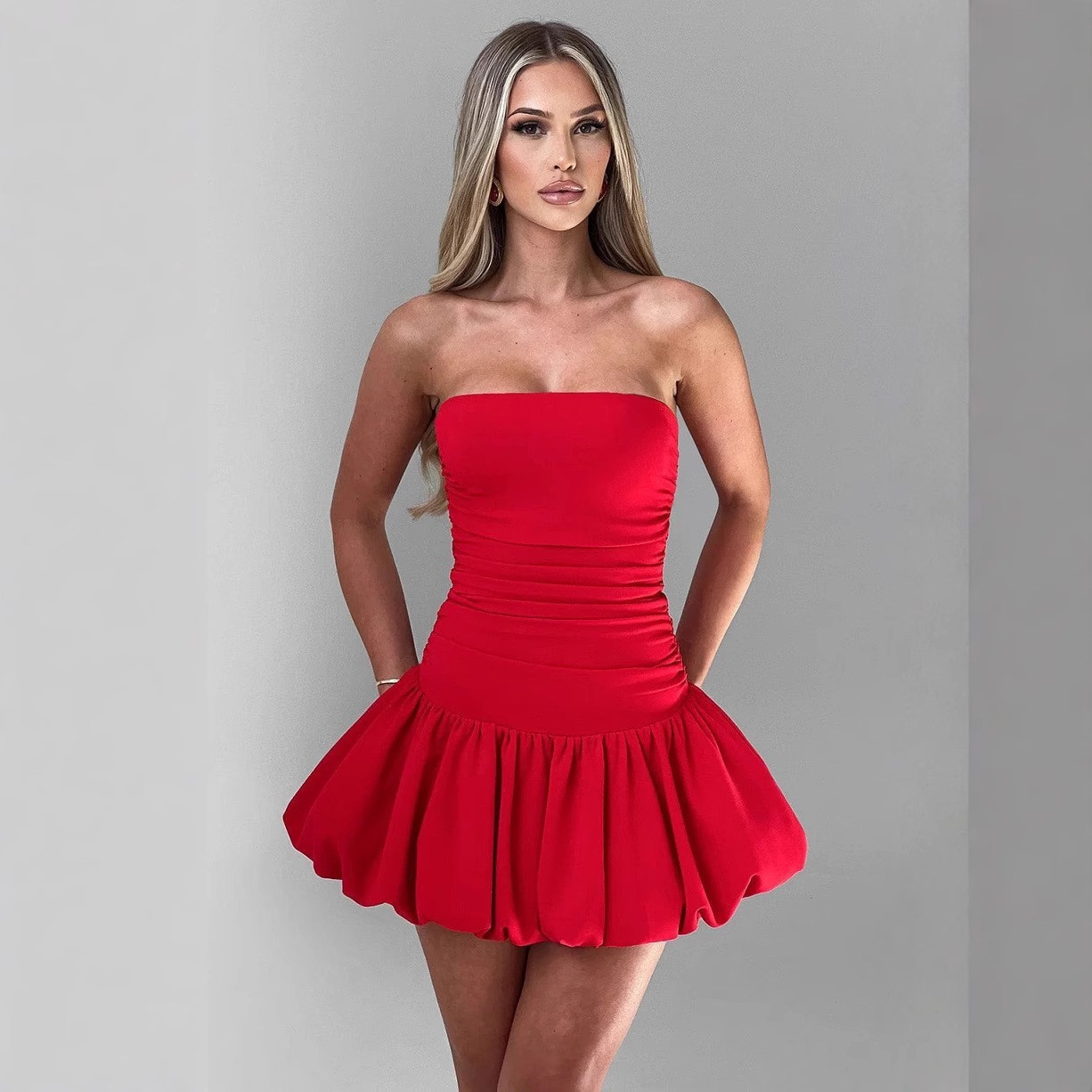 Sexy Off Shoulder Bubble Mini Dress Strapless Bodycon Club Dress for Women