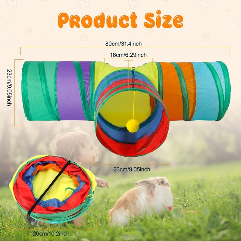 Rainbow Cat Tunnel Toy for Indoor Running Fun for Cats Foldable Play Tube with Peek Hole & Hanging Ball for Kittens, Puppies, and Rabbits