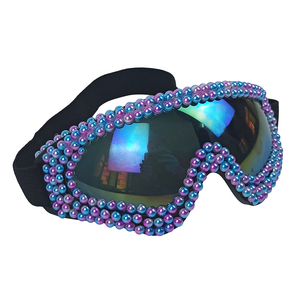 Pearl & Rhinestone Goggles Burning Man Festival Eyewear, Rave Accessories, Iridescent Lens Steampunk Glasses