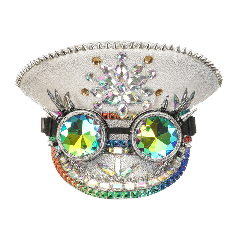 Sequin Festival Captain Hat Handmade Rhinestone Visor Cap for Burning Man, Bachelorette Parties, and Stage Performances (Gold / Silver / White)