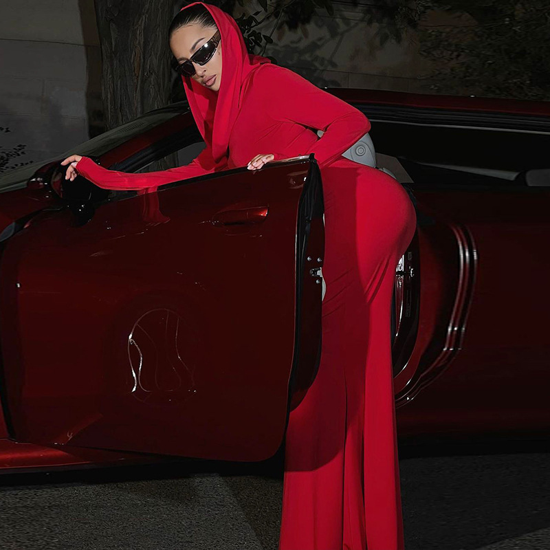 Hooded Maxi Dress for Women Elegant Solid Color Bodycon Long Sleeve Gown, Slim Fit Flowy Skirt (Red / Blue / Black, S–L)