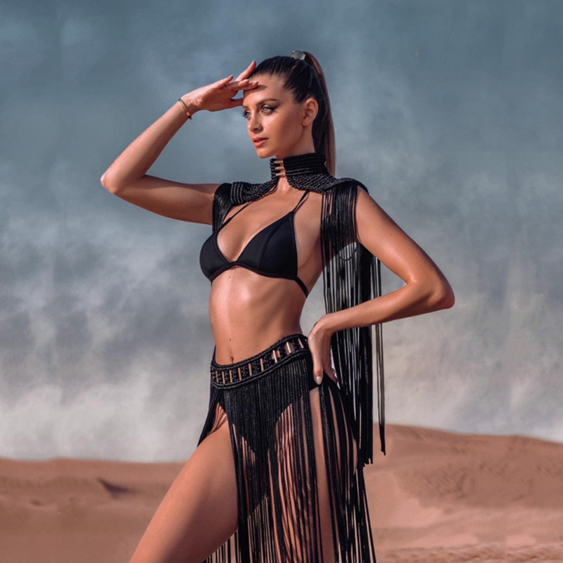Handwoven Fringe Skirt Set for Burning Man Boho Macrame Two-Piece Festival Outfit, Artisan Rope Knit Long Tassel Dress (Adjustable One Size)