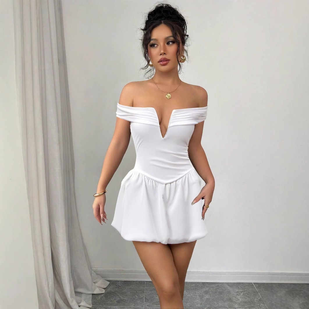 2025 Summer Off-Shoulder Ruched Mini Dress for Women Elegant Backless Puff Skirt with Raglan Sleeves, Sexy Slim Fit Clubwear
