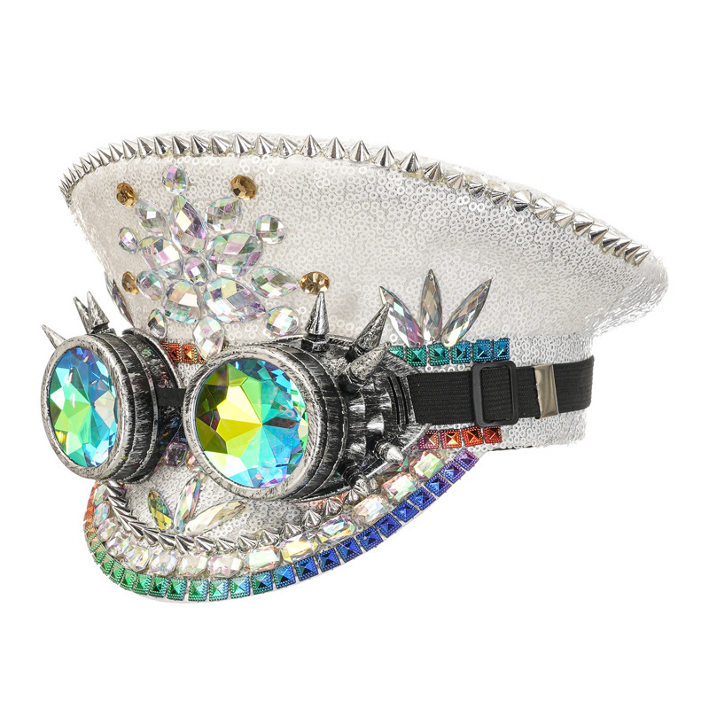 Sequin Festival Captain Hat Handmade Rhinestone Visor Cap for Burning Man, Bachelorette Parties, and Stage Performances (Gold / Silver / White)