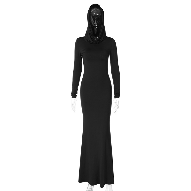 Hooded Maxi Dress for Women Elegant Solid Color Bodycon Long Sleeve Gown, Slim Fit Flowy Skirt (Red / Blue / Black, S–L)