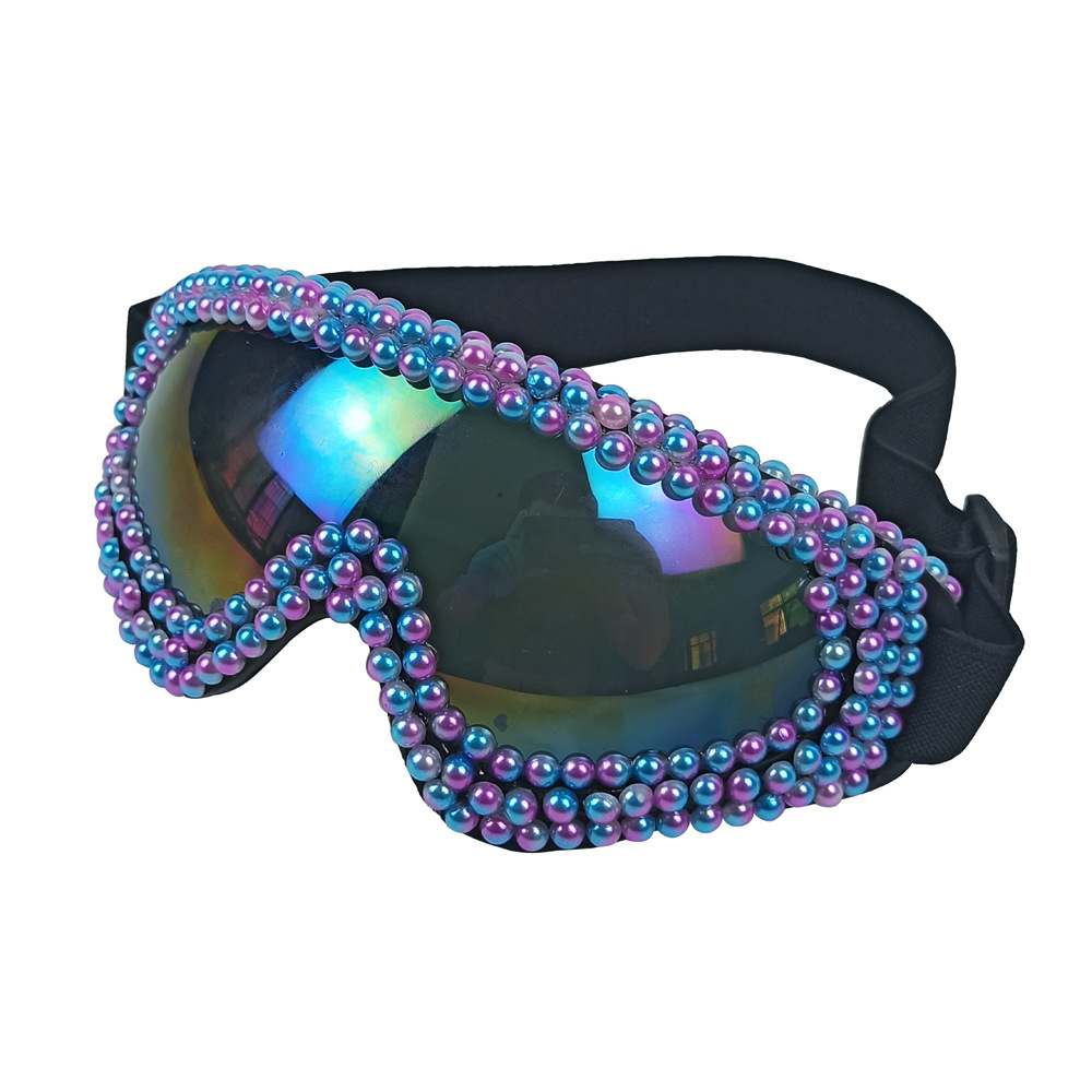 Pearl & Rhinestone Goggles Burning Man Festival Eyewear, Rave Accessories, Iridescent Lens Steampunk Glasses