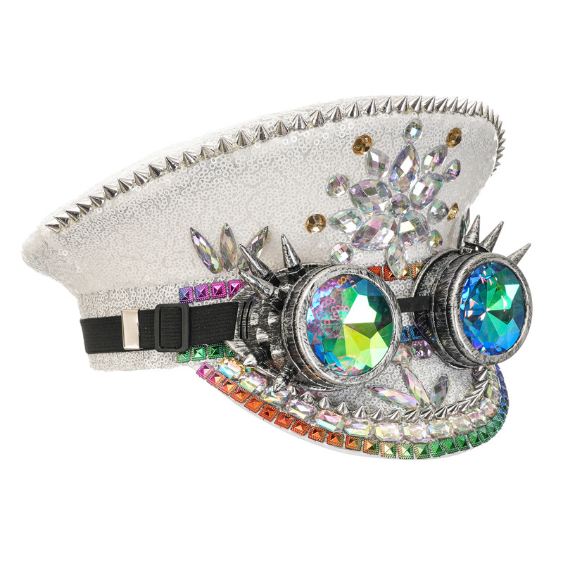 Sequin Festival Captain Hat Handmade Rhinestone Visor Cap for Burning Man, Bachelorette Parties, and Stage Performances (Gold / Silver / White)