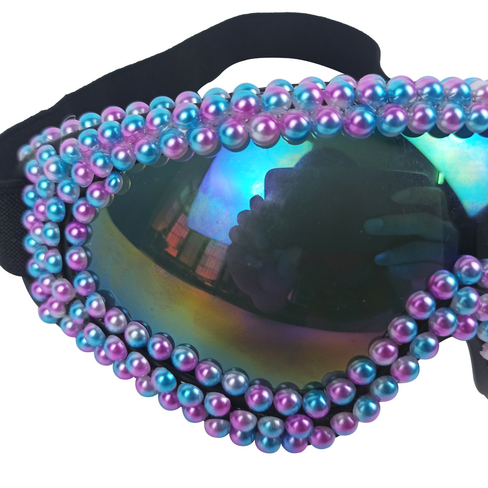 Pearl & Rhinestone Goggles Burning Man Festival Eyewear, Rave Accessories, Iridescent Lens Steampunk Glasses