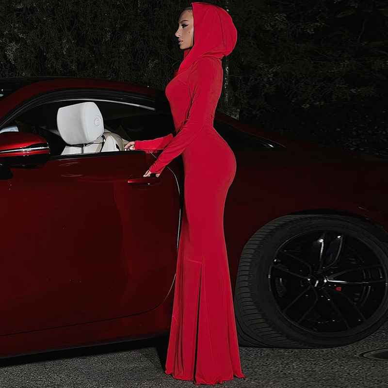Hooded Maxi Dress for Women Elegant Solid Color Bodycon Long Sleeve Gown, Slim Fit Flowy Skirt (Red / Blue / Black, S–L)