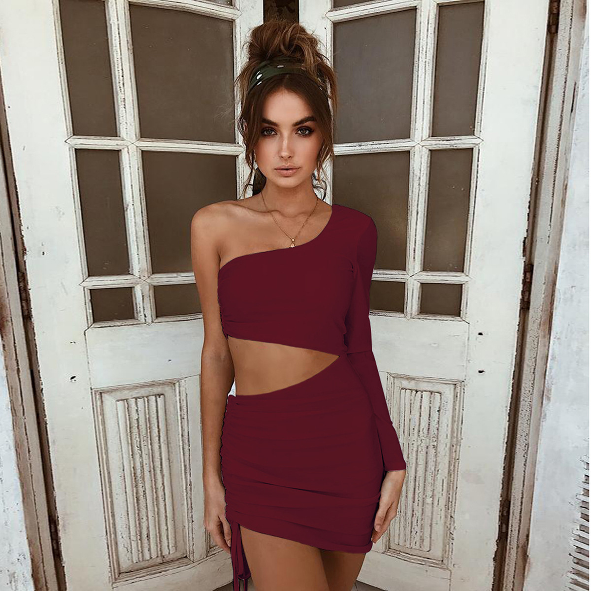2025 One-Shoulder Ruched Bodycon Dress for Women – Long Sleeve Cut-Out Mini Dress, Elegant Slim Fit Cocktail Partywear