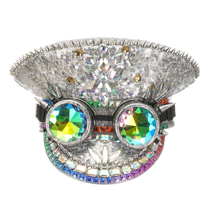 Sequin Festival Captain Hat Handmade Rhinestone Visor Cap for Burning Man, Bachelorette Parties, and Stage Performances (Gold / Silver / White)