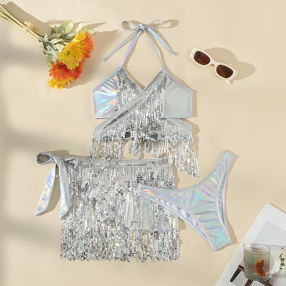 3-Piece Sequin Fringe Bikini Set Burning Man Festival Swimwear for Women, Glitter Halter Top High-Cut Bottom Sheer Cover-Up (S–L, Iridescent White / Gold / Black / Red)
