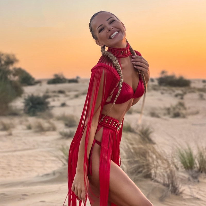 Handwoven Fringe Red Hot Skirt Set for Burning Man Boho Macrame Two-Piece Festival Outfit, Artisan Rope Knit Long Tassel Dress Adjustable One Size for Her