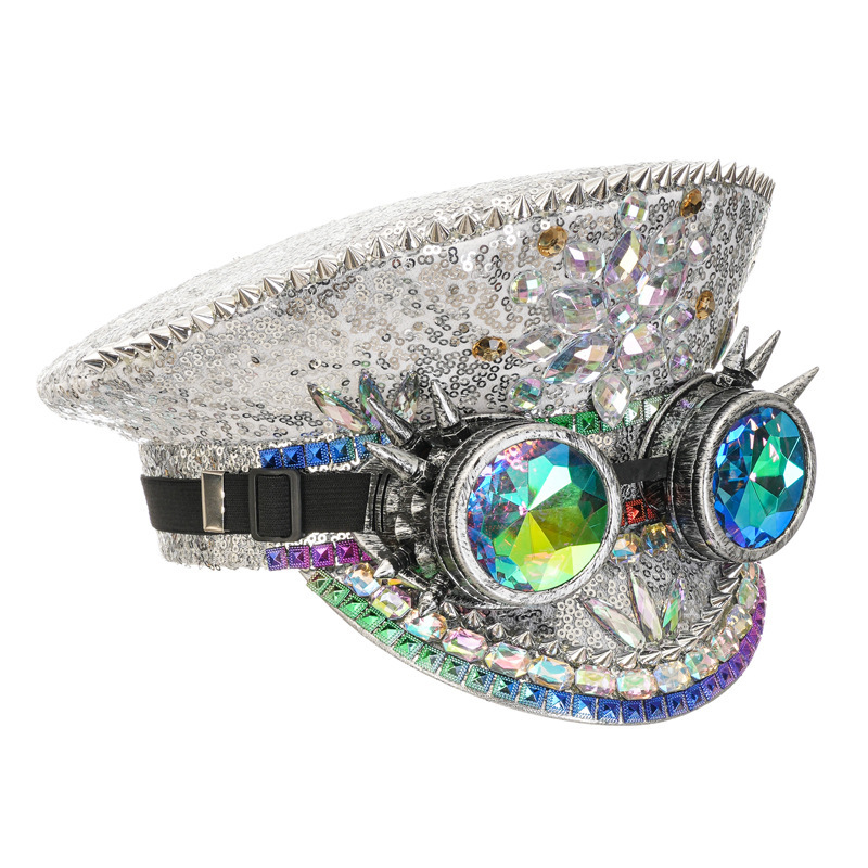 Sequin Festival Captain Hat Handmade Rhinestone Visor Cap for Burning Man, Bachelorette Parties, and Stage Performances (Gold / Silver / White)
