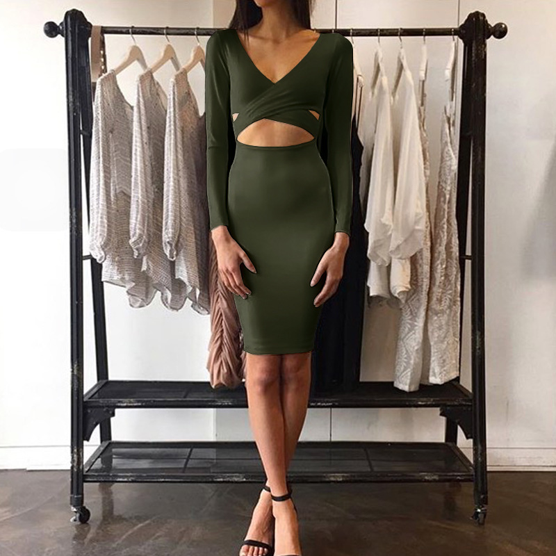 2025 Cutout Bodycon Club Midi Dress Sizes S-L Long Sleeve Sexy Slim Fit Night Out Look