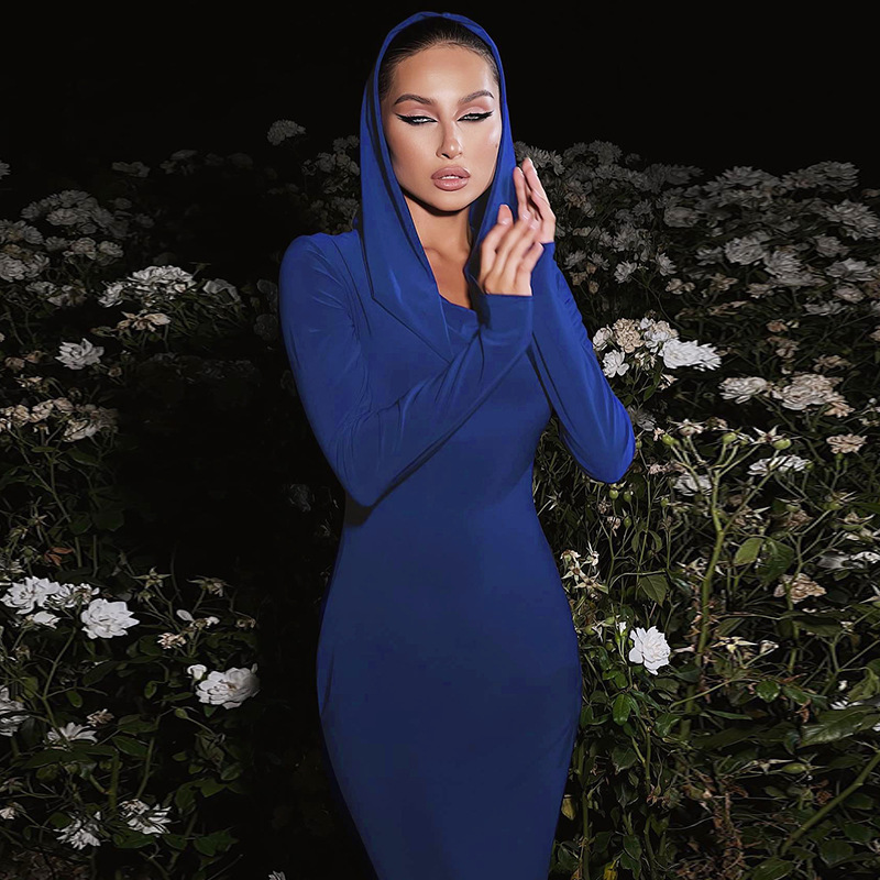 Hooded Maxi Dress for Women Elegant Solid Color Bodycon Long Sleeve Gown, Slim Fit Flowy Skirt (Red / Blue / Black, S–L)