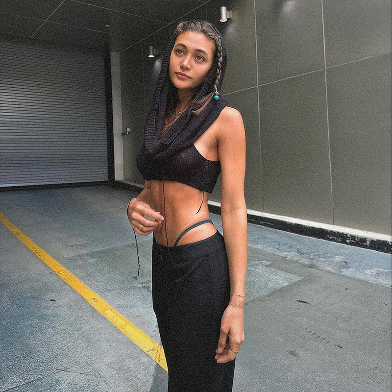 Sleeveless Hooded Knit Crop Top Burning Man Festival Outfit, Stretch Ribbed Tank Sweater for Women (S–L,Gray/Black/White)