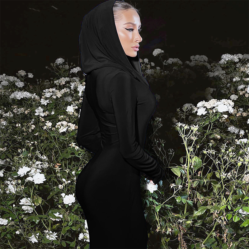 Hooded Maxi Dress for Women Elegant Solid Color Bodycon Long Sleeve Gown, Slim Fit Flowy Skirt (Red / Blue / Black, S–L)