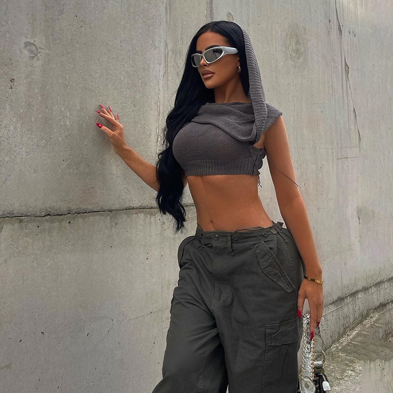 Sleeveless Hooded Knit Crop Top Burning Man Festival Outfit, Stretch Ribbed Tank Sweater for Women (S–L,Gray/Black/White)