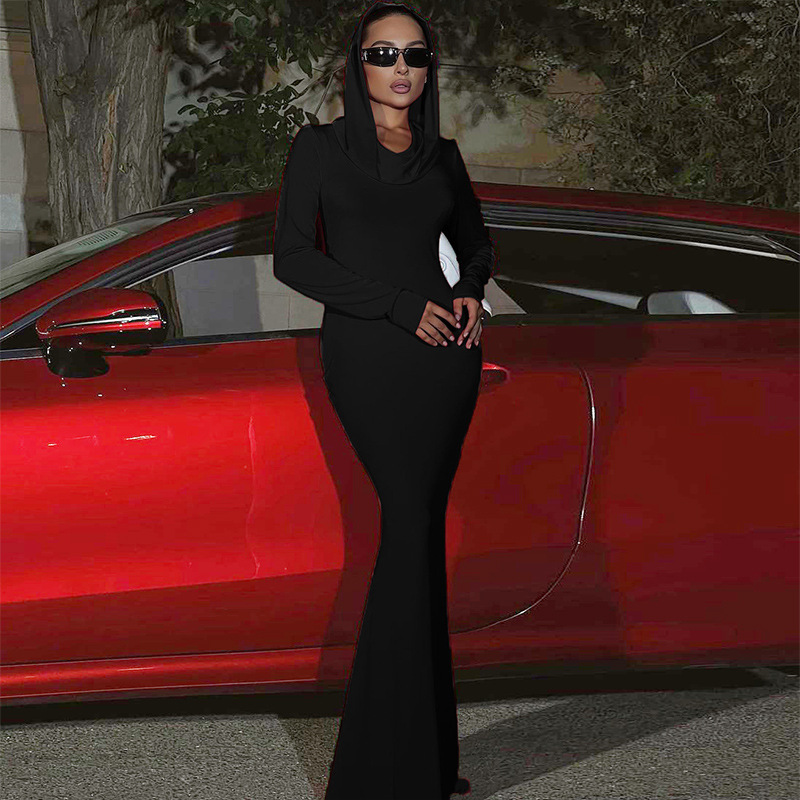 Hooded Maxi Dress for Women Elegant Solid Color Bodycon Long Sleeve Gown, Slim Fit Flowy Skirt (Red / Blue / Black, S–L)