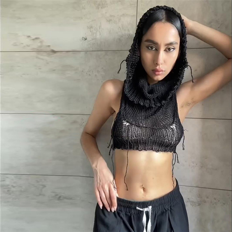 Sleeveless Hooded Knit Crop Top Burning Man Festival Outfit, Stretch Ribbed Tank Sweater for Women (S–L,Gray/Black/White)