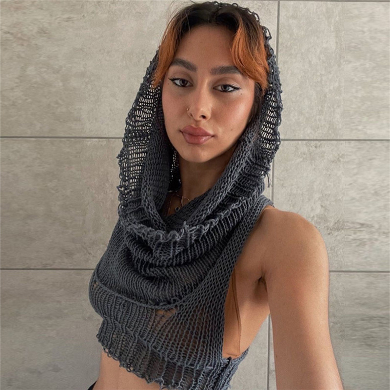 Sleeveless Hooded Knit Crop Top Burning Man Festival Outfit, Stretch Ribbed Tank Sweater for Women (S–L,Gray/Black/White)