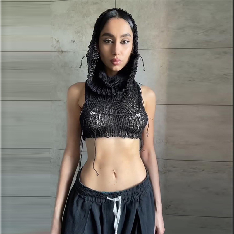 Sleeveless Hooded Knit Crop Top Burning Man Festival Outfit, Stretch Ribbed Tank Sweater for Women (S–L,Gray/Black/White)