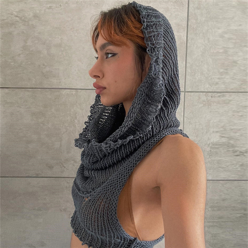 Sleeveless Hooded Knit Crop Top Burning Man Festival Outfit, Stretch Ribbed Tank Sweater for Women (S–L,Gray/Black/White)