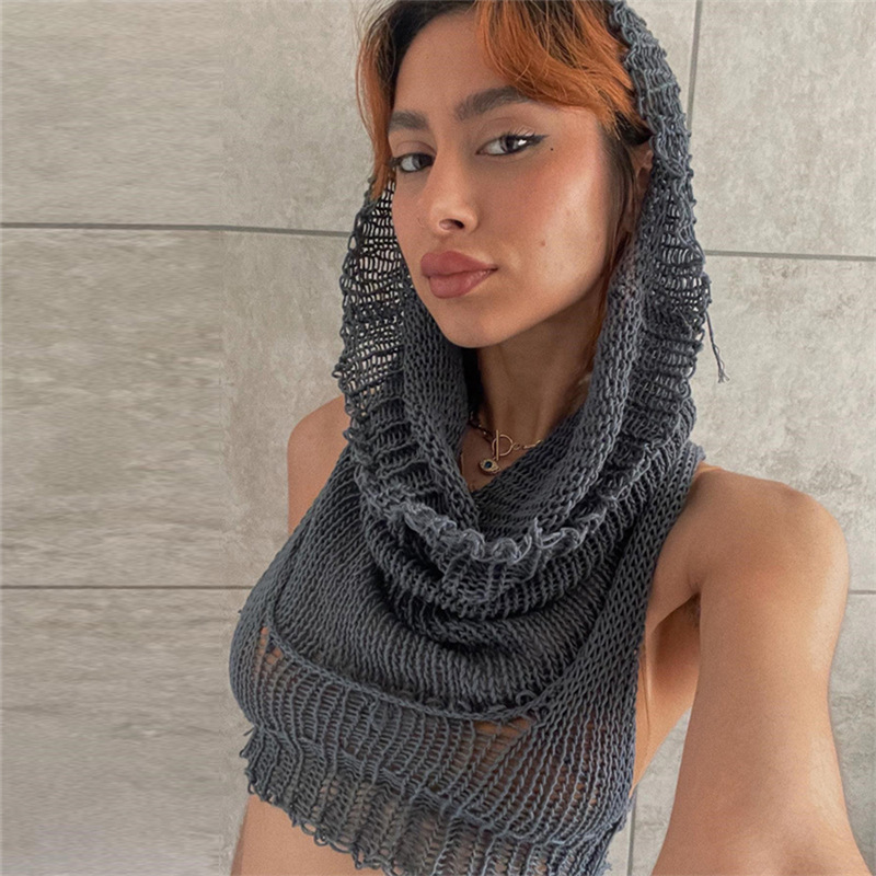 Sleeveless Hooded Knit Crop Top Burning Man Festival Outfit, Stretch Ribbed Tank Sweater for Women (S–L,Gray/Black/White)