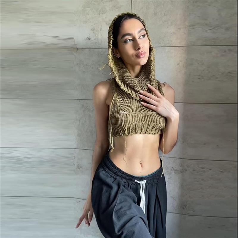 Sleeveless Hooded Knit Crop Top Burning Man Festival Outfit, Stretch Ribbed Tank Sweater for Women (S–L,Gray/Black/White)
