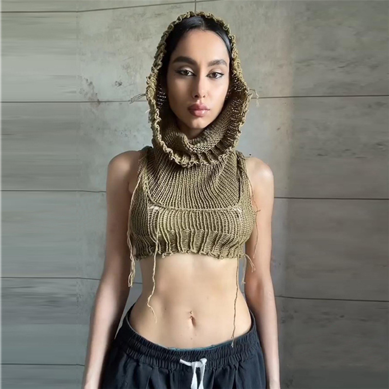 Sleeveless Hooded Knit Crop Top Burning Man Festival Outfit, Stretch Ribbed Tank Sweater for Women (S–L,Gray/Black/White)