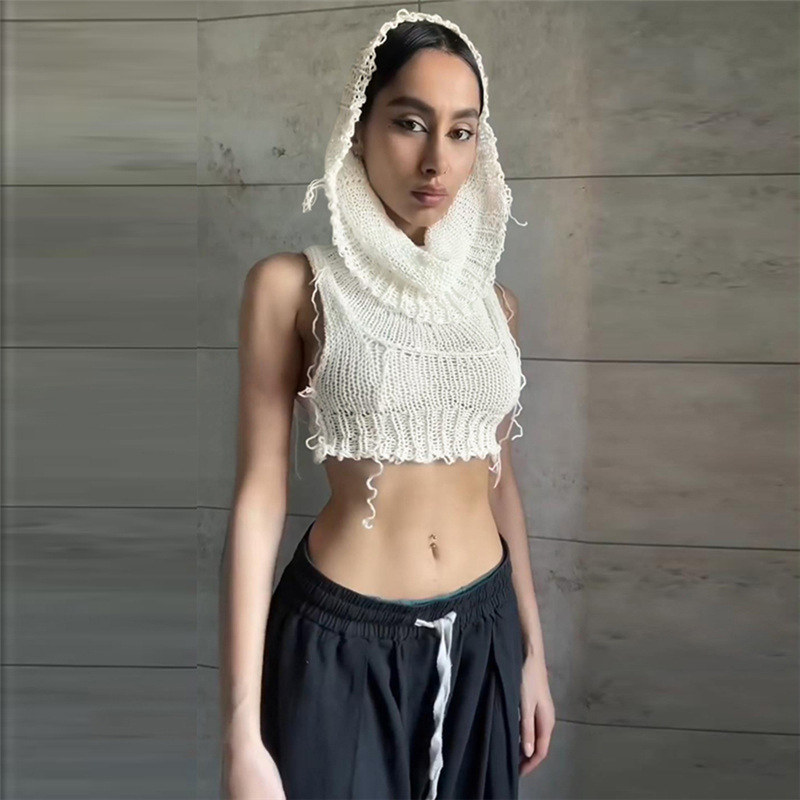 Sleeveless Hooded Knit Crop Top Burning Man Festival Outfit, Stretch Ribbed Tank Sweater for Women (S–L,Gray/Black/White)