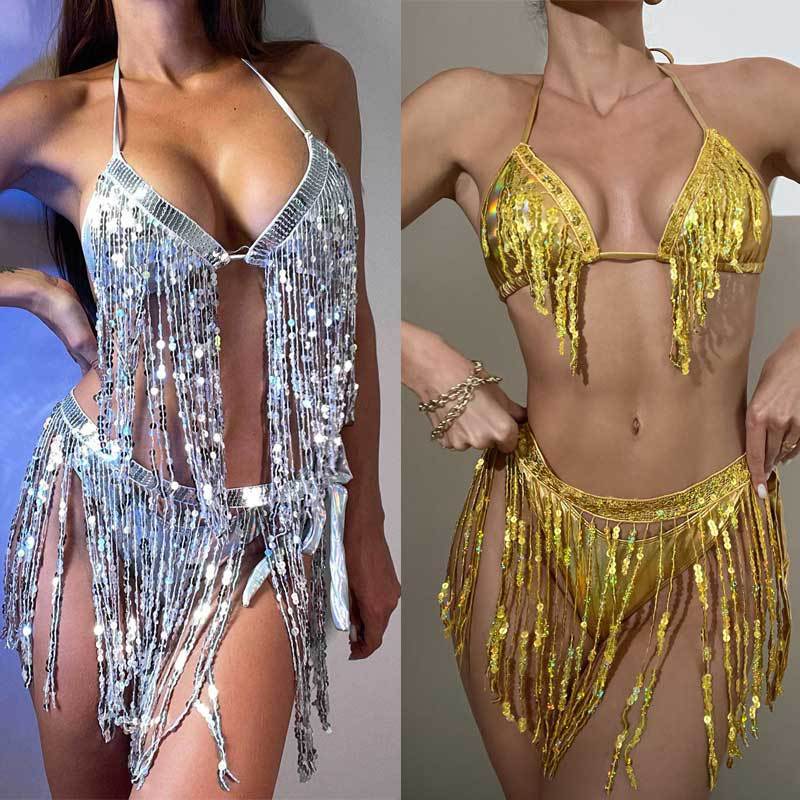 3-Piece Sequin Fringe Bikini Set Burning Man Festival Swimwear for Women, Glitter Halter Top High-Cut Bottom Sheer Cover-Up (S–L, Iridescent White / Gold / Black / Red)