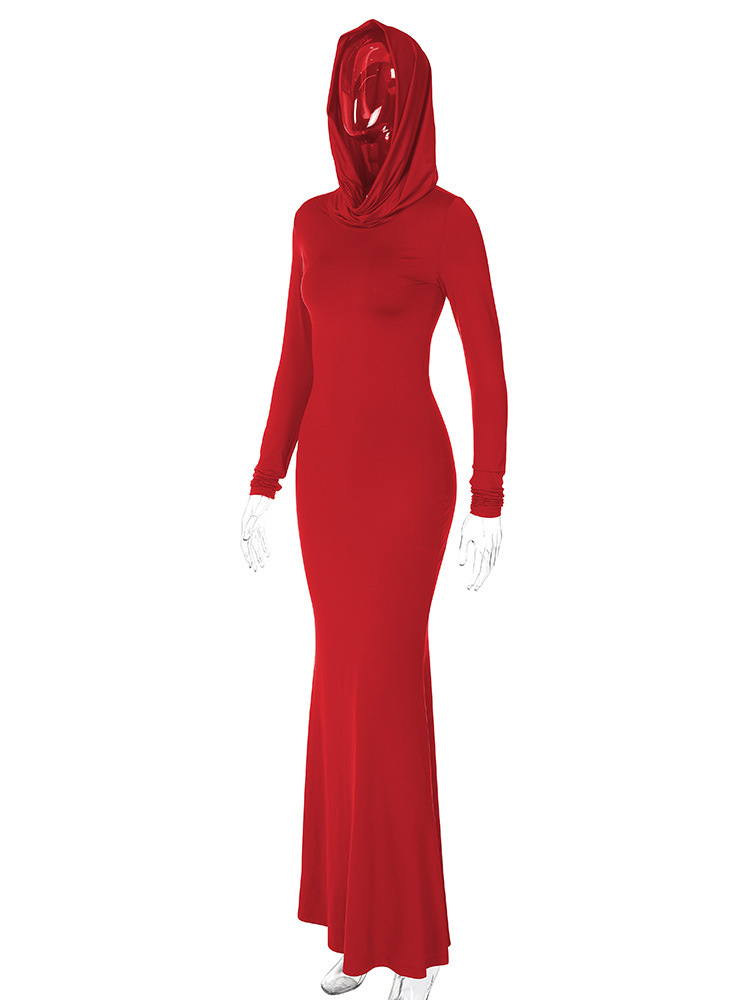 Hooded Maxi Dress for Women Elegant Solid Color Bodycon Long Sleeve Gown, Slim Fit Flowy Skirt (Red / Blue / Black, S–L)