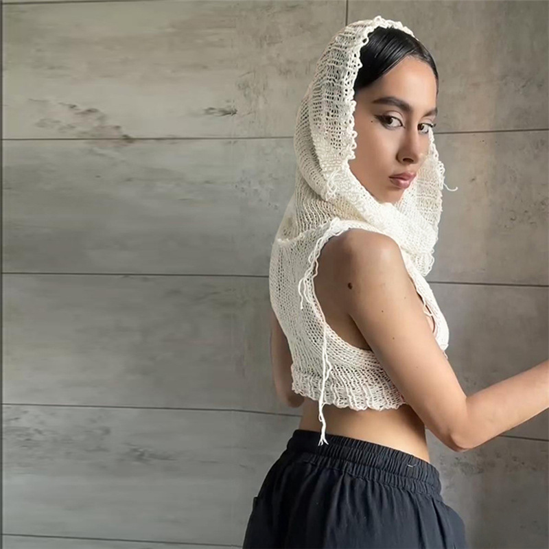 Sleeveless Hooded Knit Crop Top Burning Man Festival Outfit, Stretch Ribbed Tank Sweater for Women (S–L,Gray/Black/White)