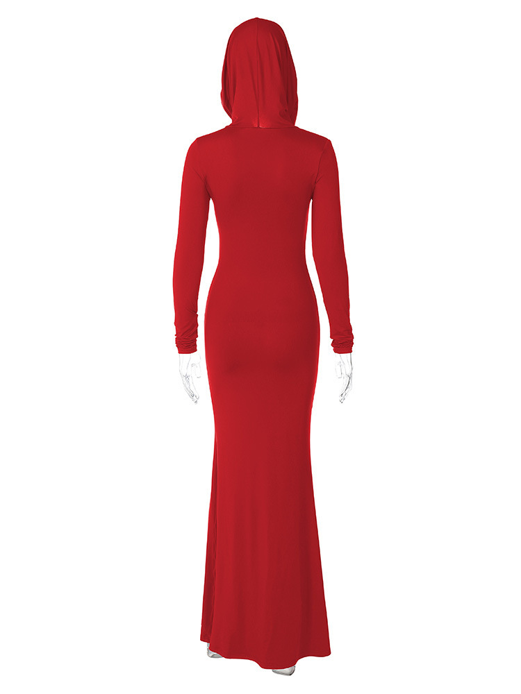 Hooded Maxi Dress for Women Elegant Solid Color Bodycon Long Sleeve Gown, Slim Fit Flowy Skirt (Red / Blue / Black, S–L)