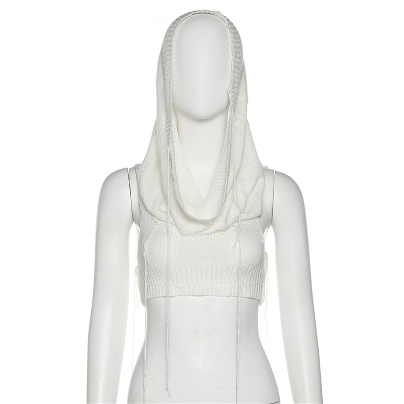 Sleeveless Hooded Knit Crop Top Burning Man Festival Outfit, Stretch Ribbed Tank Sweater for Women (S–L,Gray/Black/White)