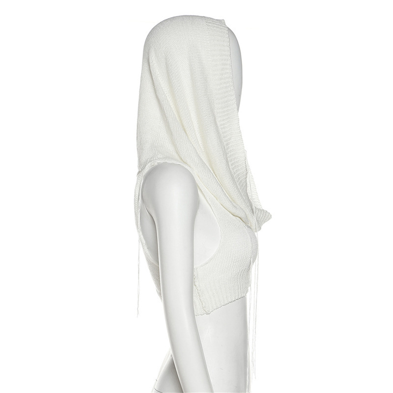 Sleeveless Hooded Knit Crop Top Burning Man Festival Outfit, Stretch Ribbed Tank Sweater for Women (S–L,Gray/Black/White)